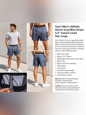 Vuori Men’s Athletic Shorts Gray Blue Stripe 5.5” Inseam Lined Size Large